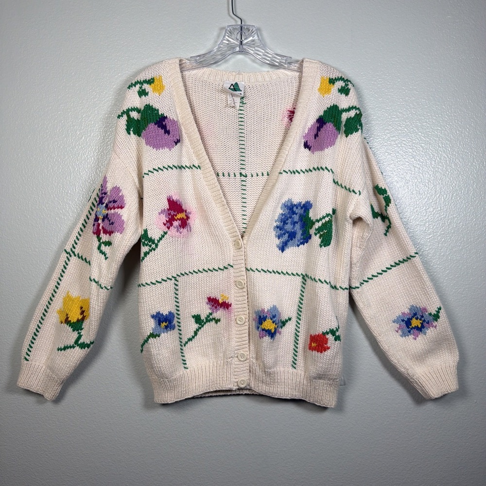 Andina Handmade Peru Floral Cotton Knit Cardigan Sweater Patchwork Cottagecore L